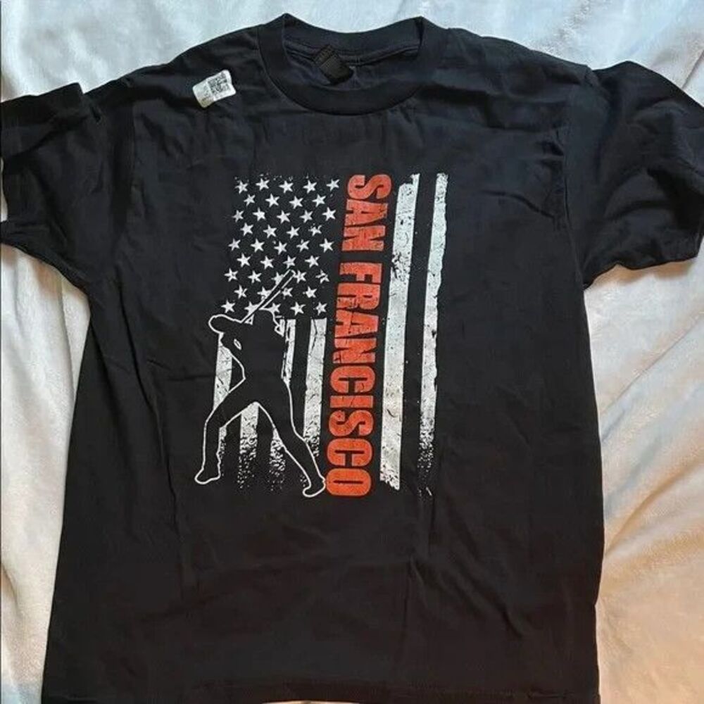 San Francisco Baseball Flag Giants Style Graphic Black T-Shirt (Youth L)